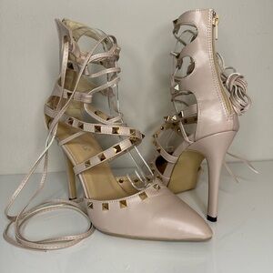 Elegant Blush Lace-Up Heels with Gold Studs